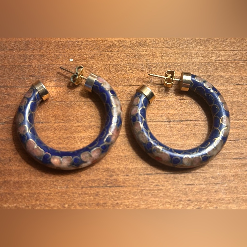 Blue and Gold cloisonné Hoop Earrings